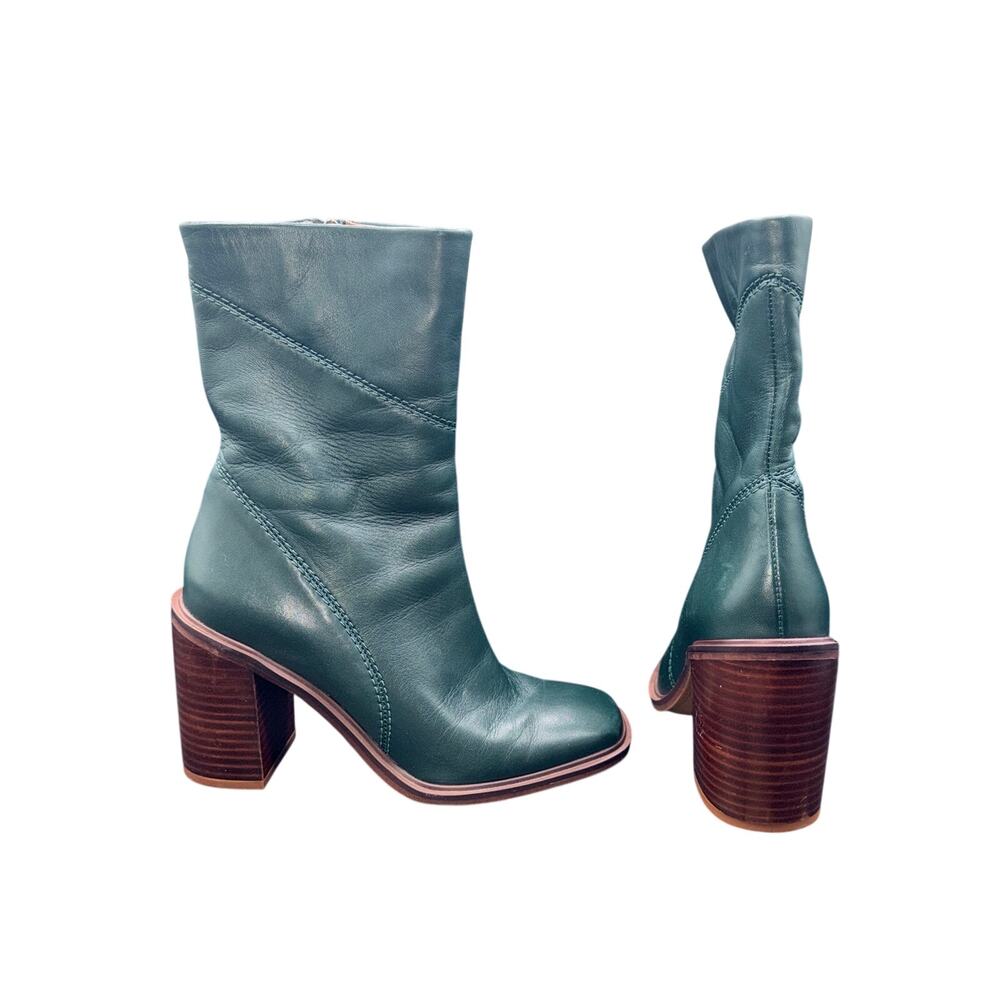 Franco Sarto Stevie Green Leather Ankle Boots Block Heel Size 5.5